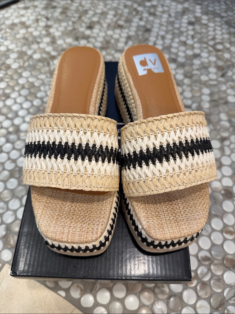 DV by Dolce Vita Natural Woven Slide Sandals with Black Stripe- NWOT